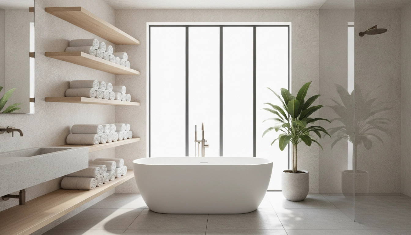 Exemples d'idées rangement serviettes salle bain sur étagères murales