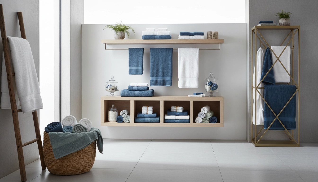 Aménagement élégant avec des idées rangement serviettes salle bain sur des étagères en bois.