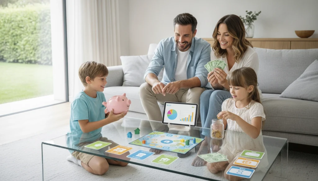 Une famille heureuse discutant de son budget autour d'une table avec des jeux éducatifs et des tirelires.