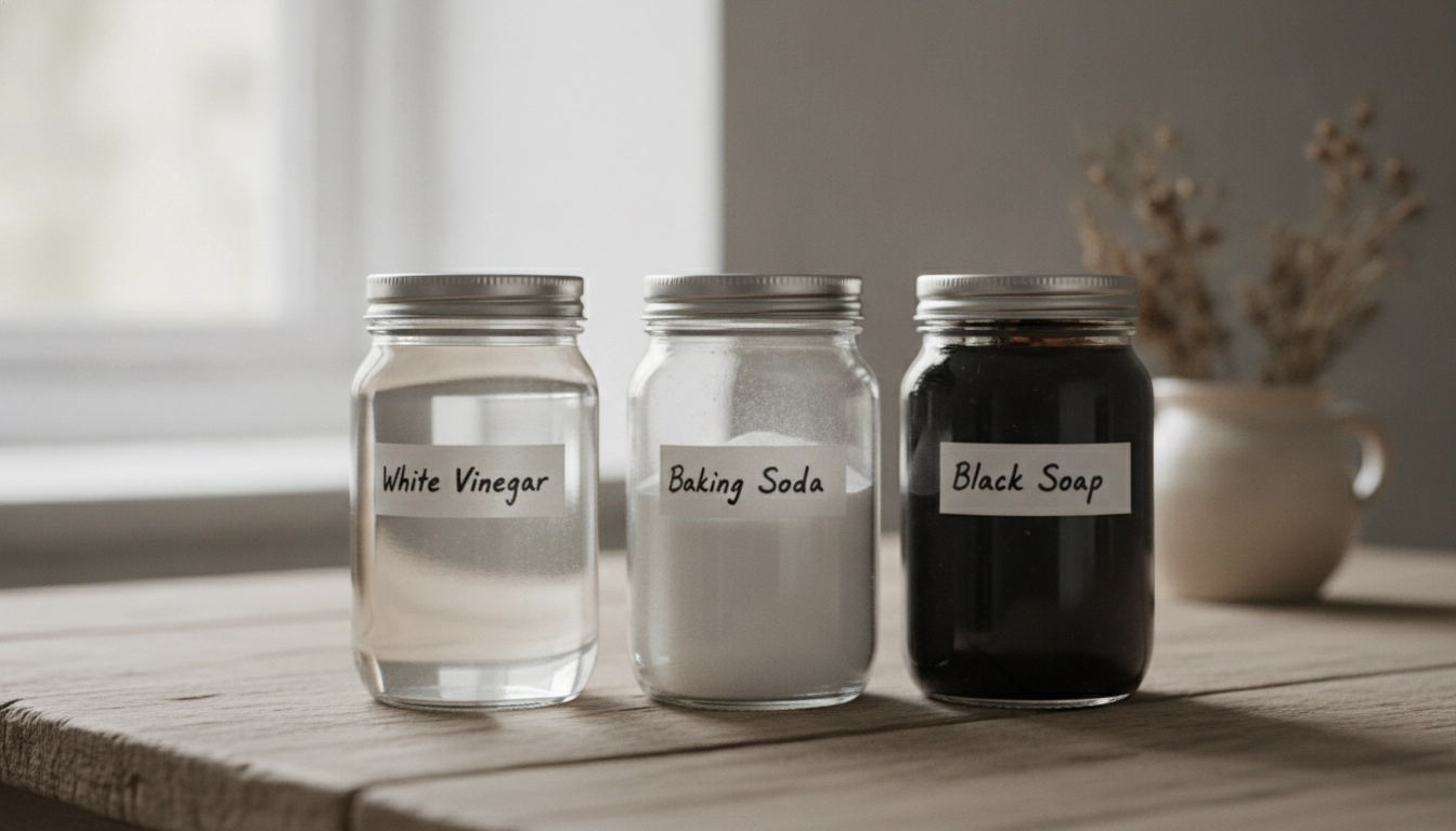 Les ingrédients indispensables produits ménagers naturels disposés sur une table en bois.