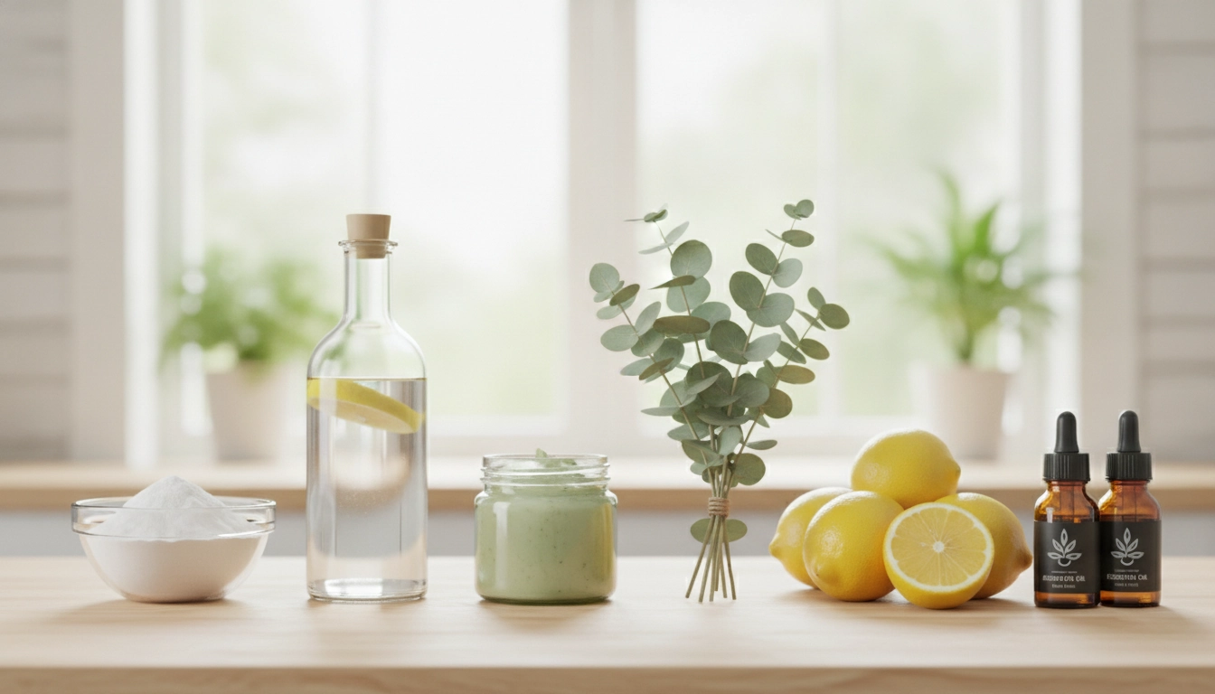 Femme préparant des produits ménagers naturels avec des ingrédients indispensables dans sa cuisine.