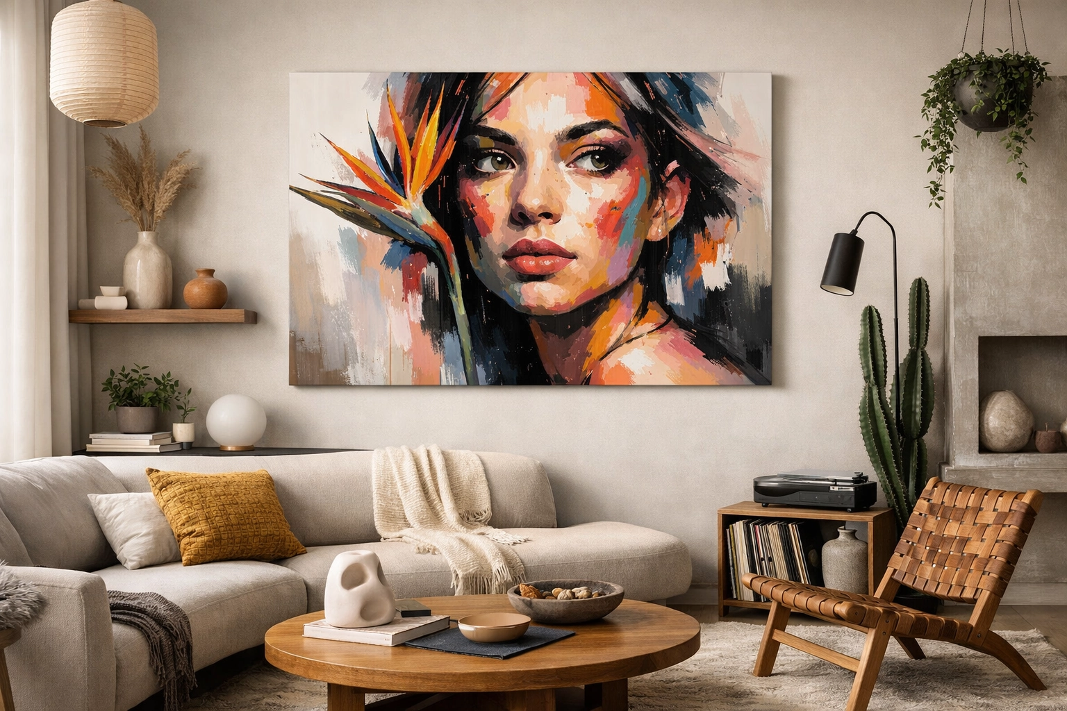 Galerie murale avec plusieurs œuvres d'art encadrées montrant comment intégrer une oeuvre d'art en décoration murale originale dans un salon moderne