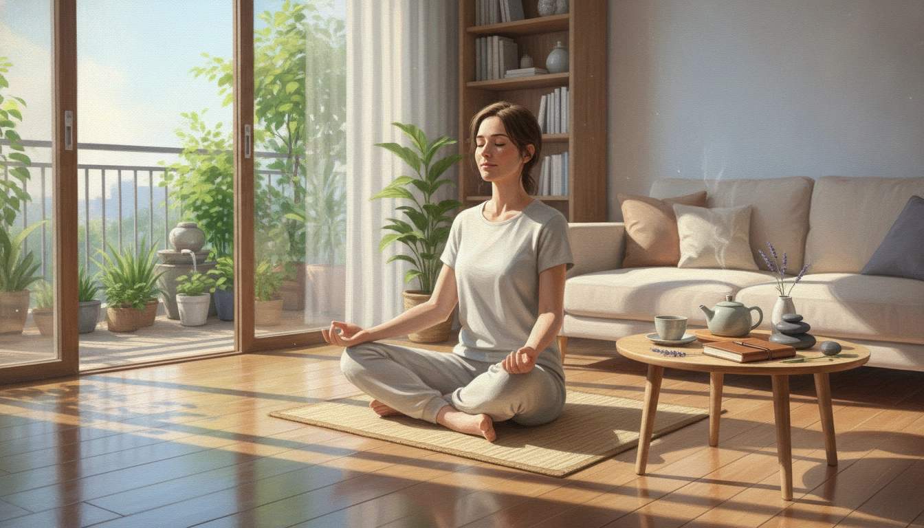 Une femme pratiquant la méditation pour intégrer pleine conscience routine matinale bien-être dans un intérieur lumineux.