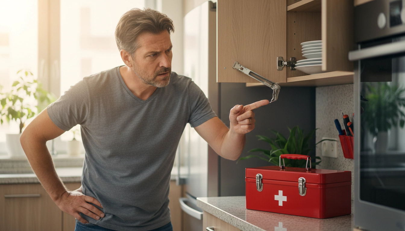 Un propriétaire soulagé s'apprêtant à utiliser son kit petites réparations urgence maison pour réparer un placard.