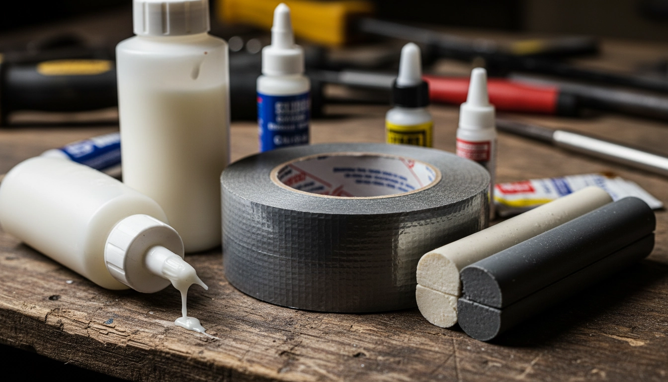 Sélection d'adhésifs et de colles indispensables pour le kit petites réparations urgence maison.