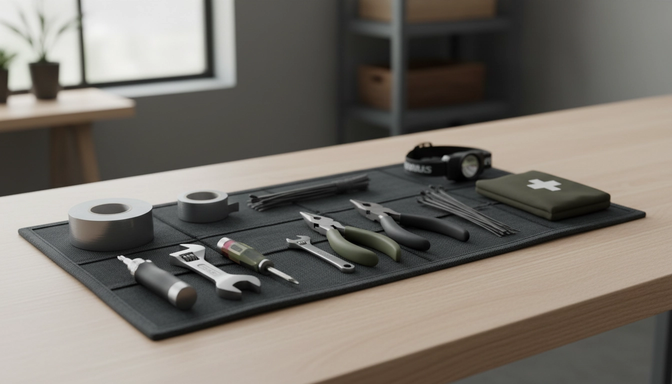 Une boîte à outils ouverte contenant le parfait kit petites réparations urgence maison sur un établi en bois.