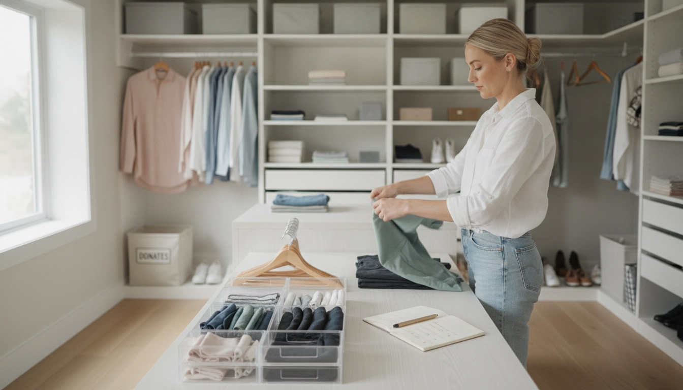 Une personne organisant des vêtements, illustrant comment maintenir un dressing rangé quotidiennement astuces.
