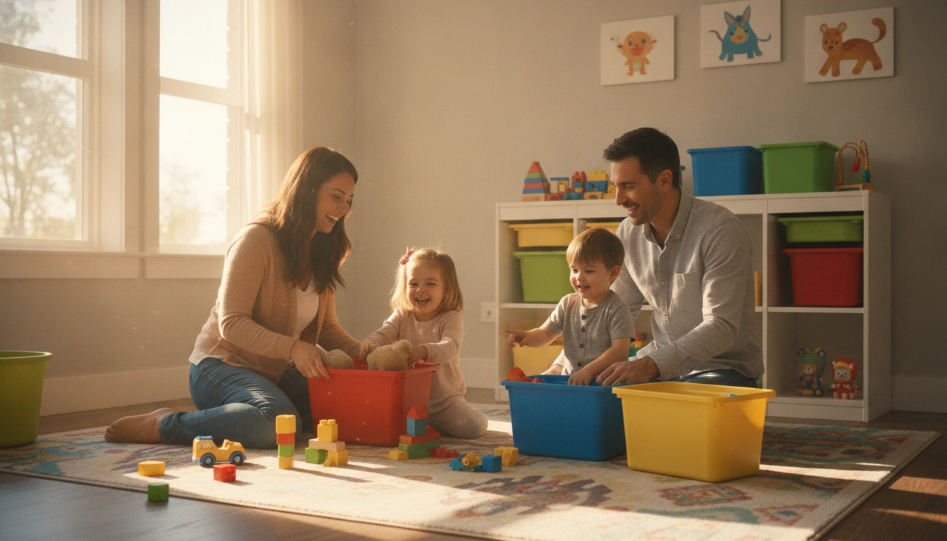 Une famille qui range ensemble pour maintenir votre maison désencombrée durablement.