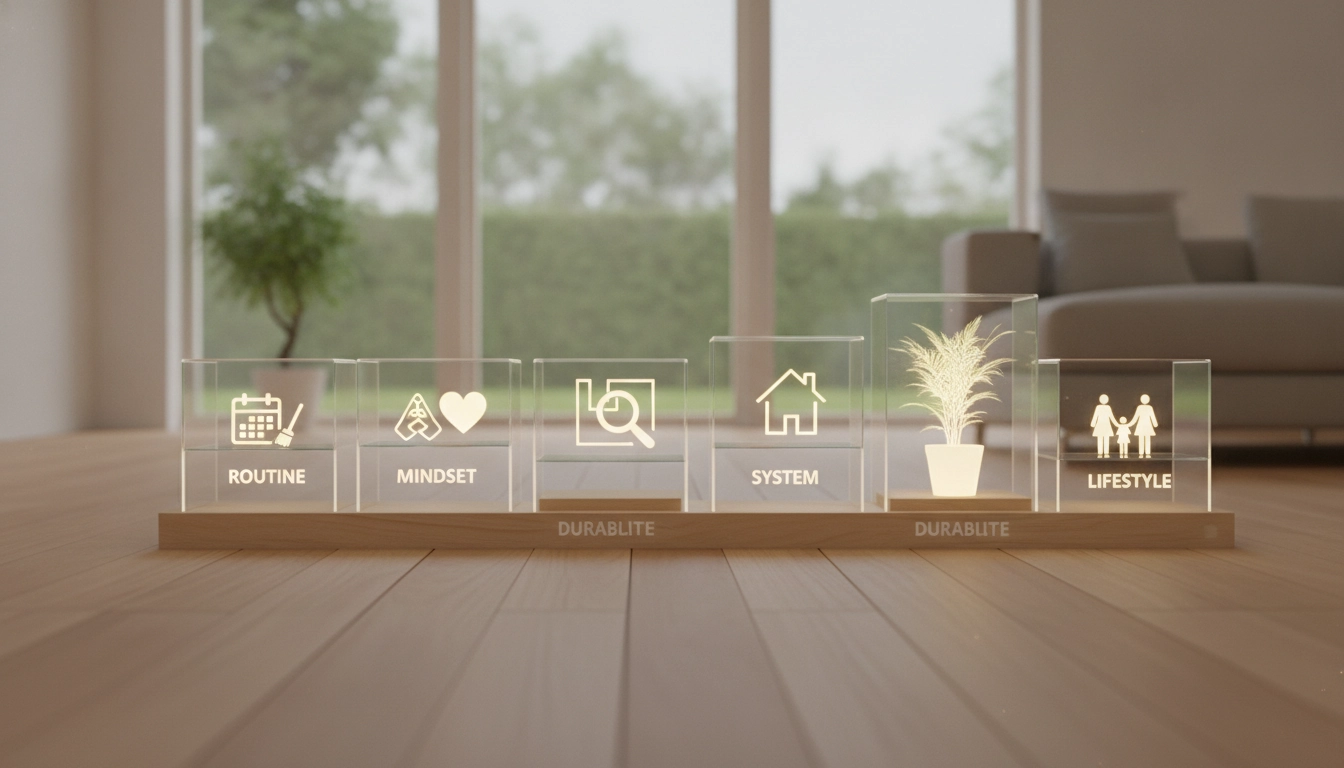 Une pièce de vie lumineuse et minimaliste pour maintenir votre maison désencombrée durablement.