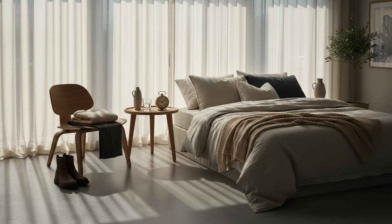 Une chambre minimaliste et bien rangée avec des vêtements préparés la veille pour faciliter le réveil.