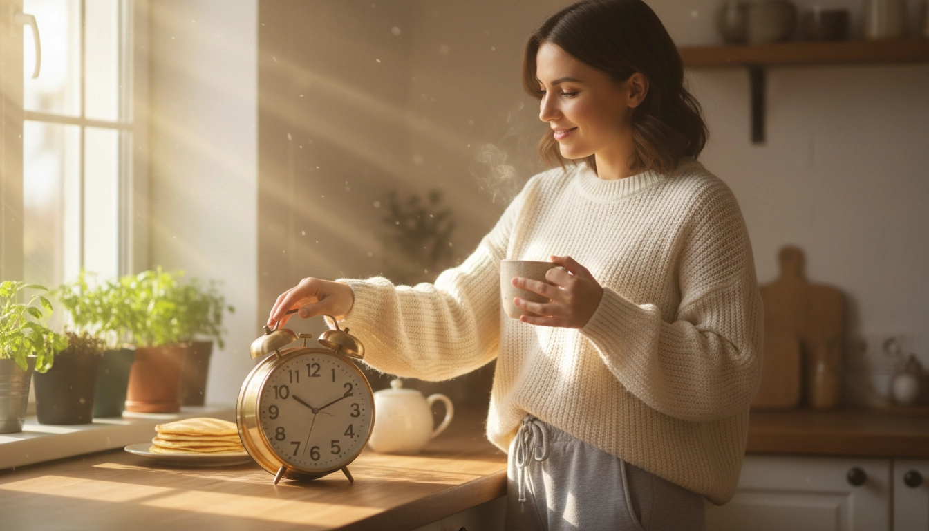 Une femme ajustant son réveil avec le sourire, illustrant comment maintenir une routine matinale efficace durablement malgré la fatigue.