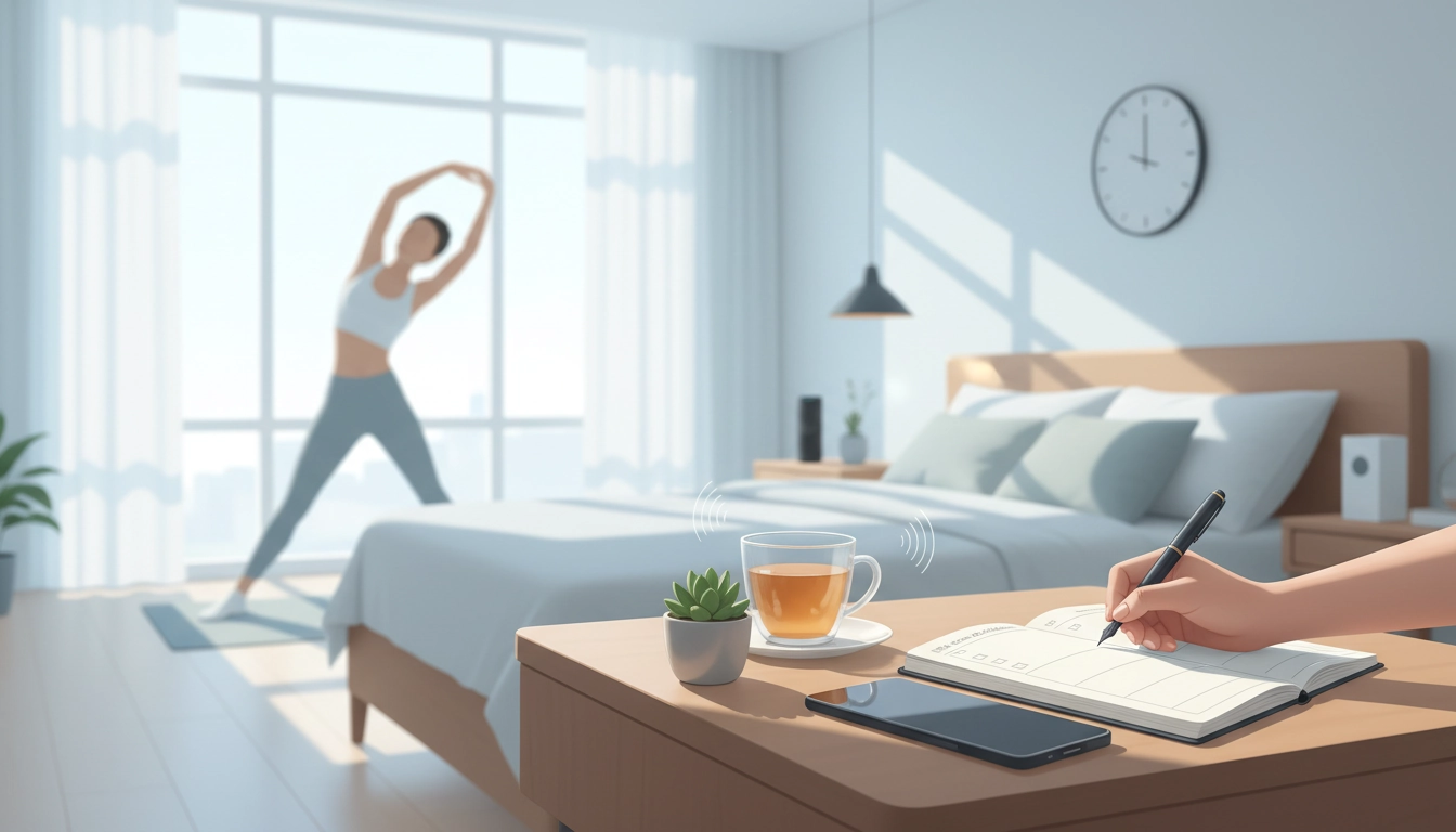 Une personne sereine savourant son café du matin dans un salon baigné de lumière naturelle.