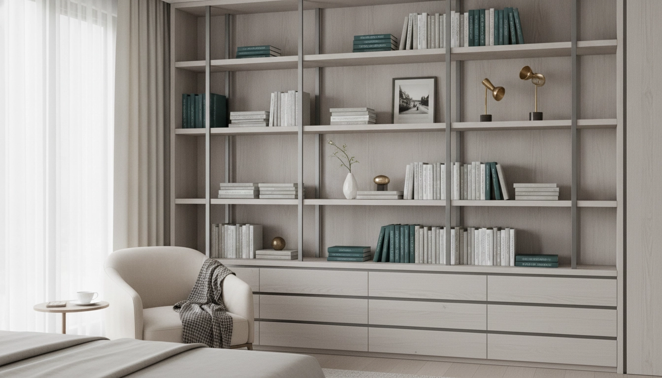Une chambre lumineuse avec un excellent système de rangement pour livres et une décoration scandinave.