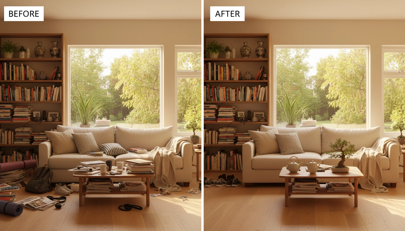 Avant et après l'application d'une méthode efficace pour désencombrer sa maison dans un salon lumineux