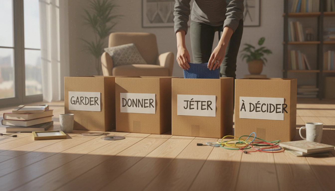 Système des quatre boîtes de tri pour désencombrer efficacement chaque pièce de la maison