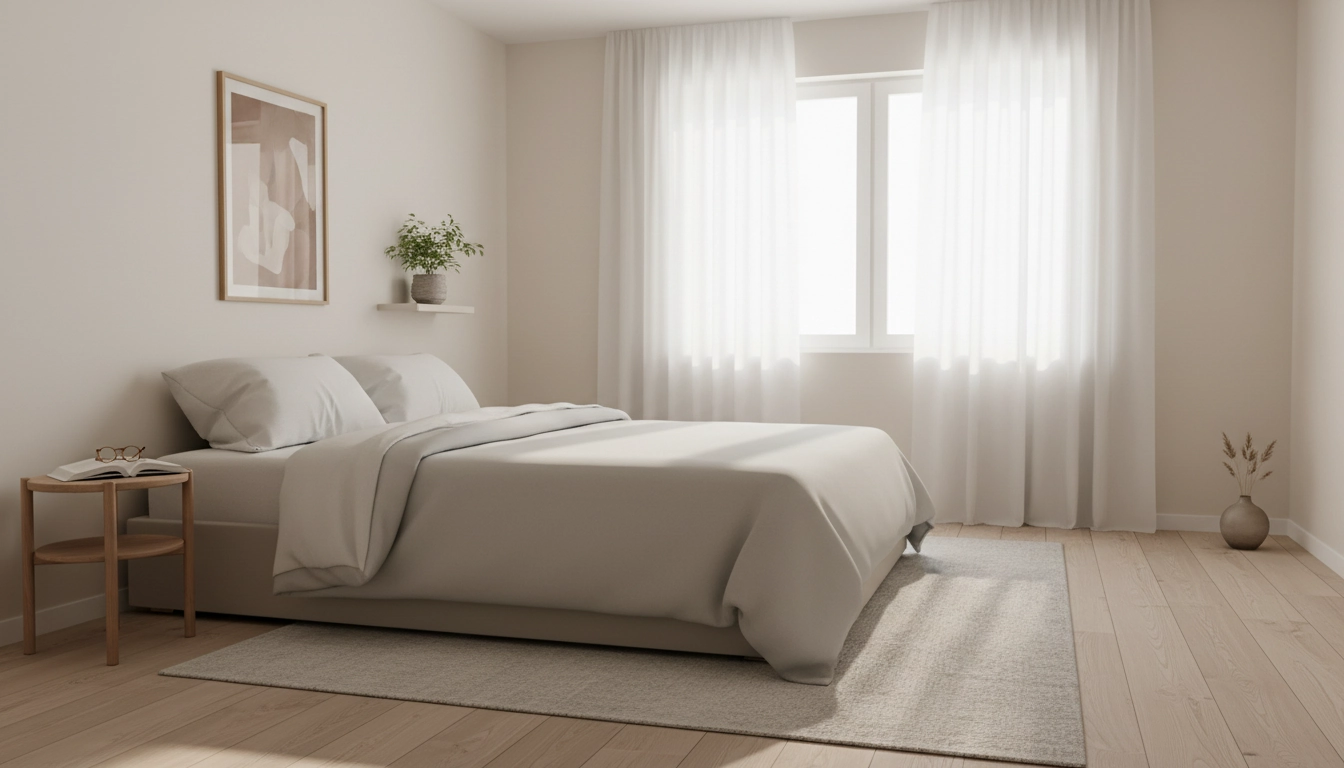 Chambre épurée et sereine après un désencombrement complet appliquant une méthode structurée pièce par pièce