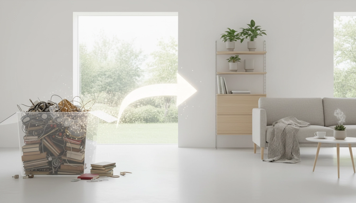 Femme appliquant une méthode efficace pour désencombrer sa maison, entourée de boîtes de tri dans un salon lumineux