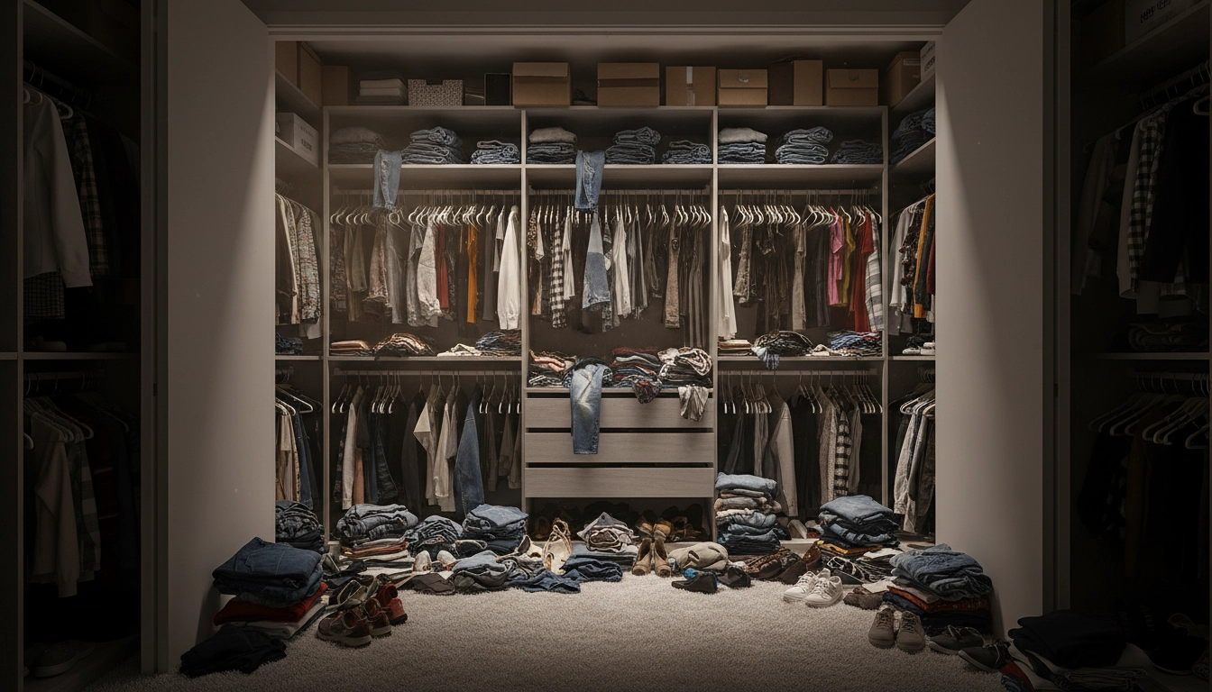 Une armoire débordante et chaotique illustrant le besoin urgent d'appliquer une méthode tri dressing durable.