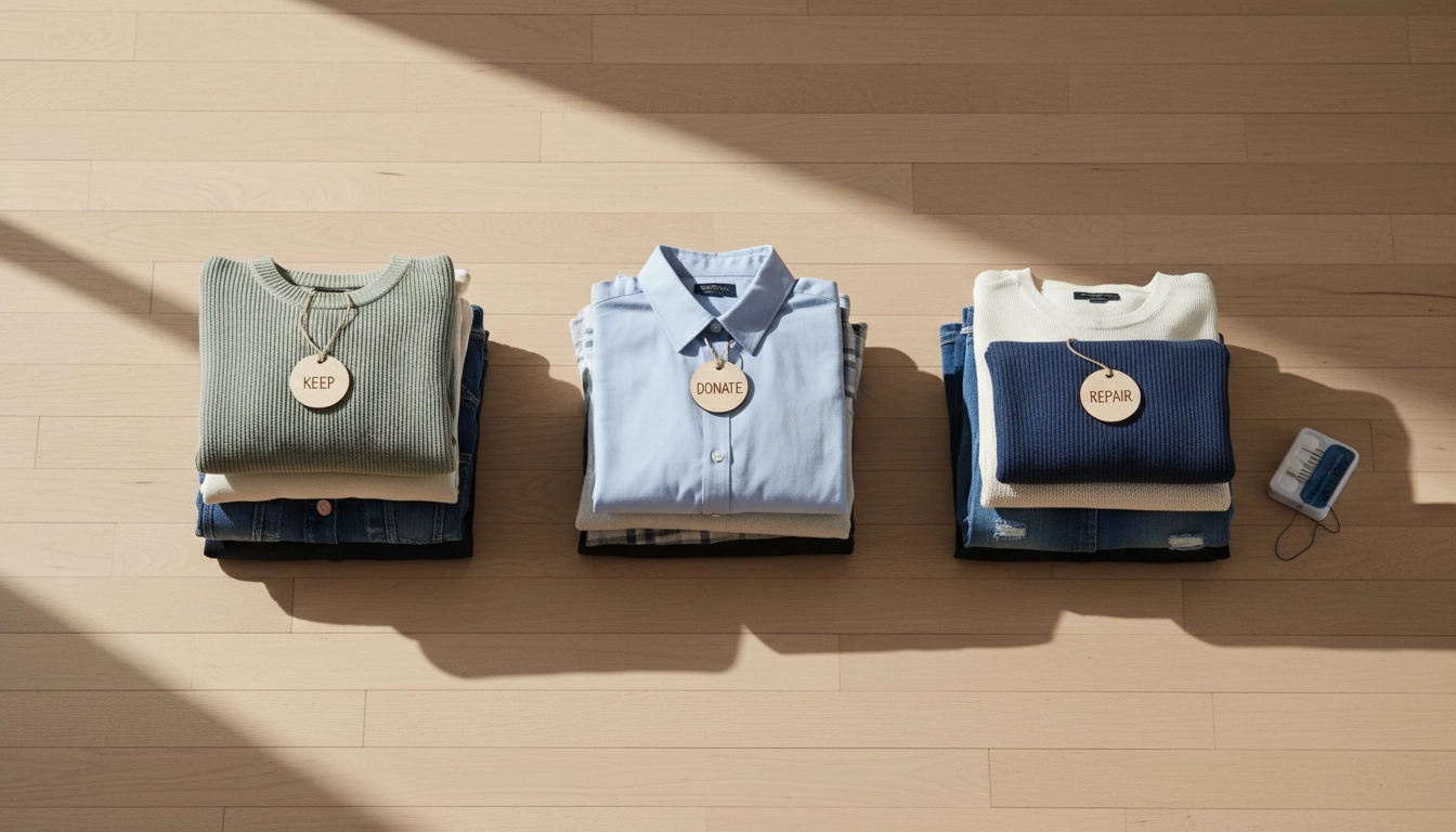 Trois piles de vêtements distinctes sur un parquet en bois pour trier efficacement ses affaires.