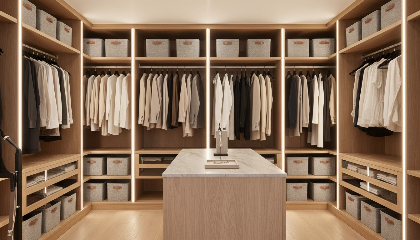 Un dressing minimaliste et parfaitement rangé grâce à des astuces d'optimisation de l'espace.