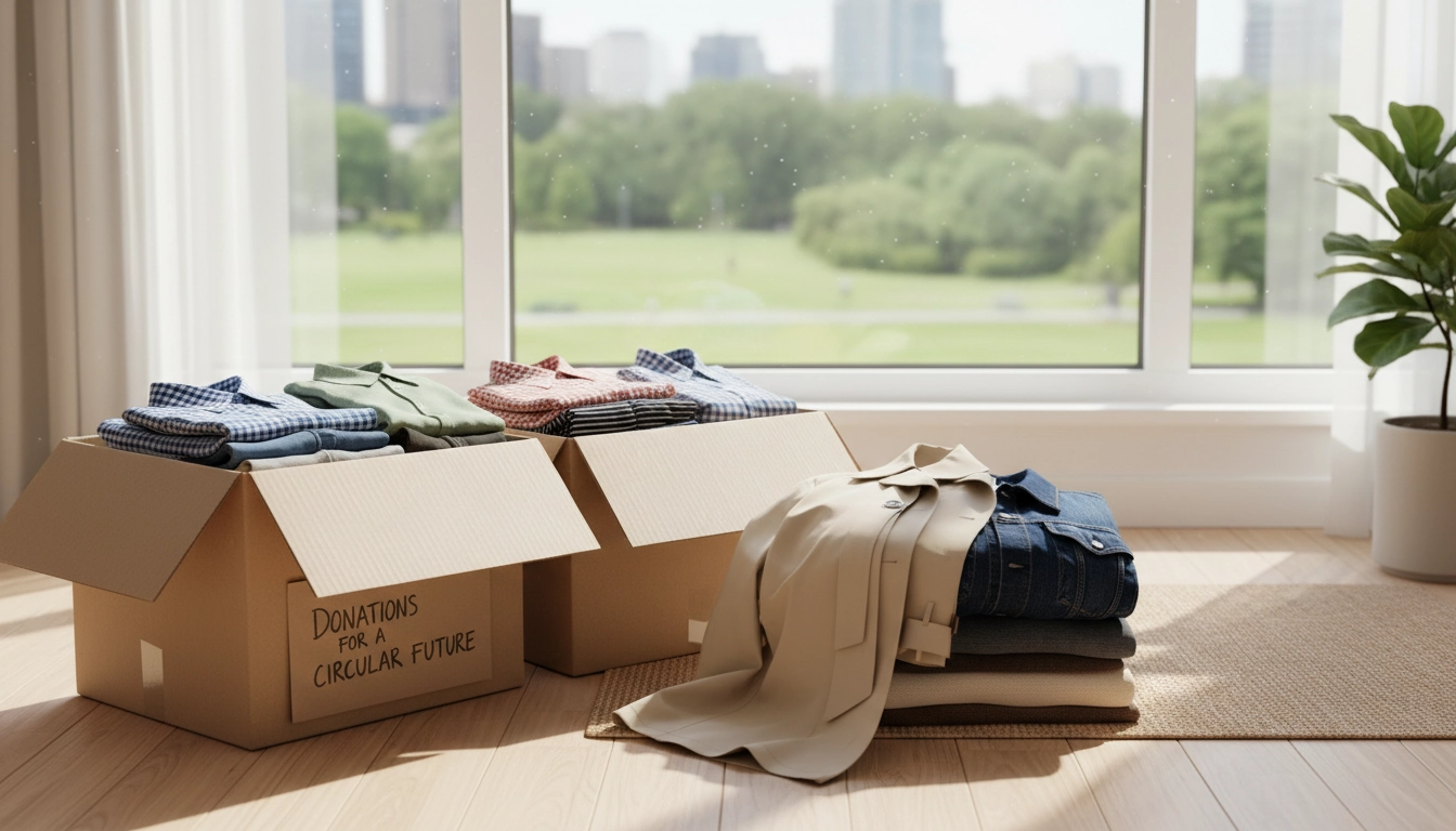 Boîtes en carton remplies de vêtements destinés au don et au recyclage textile responsable.