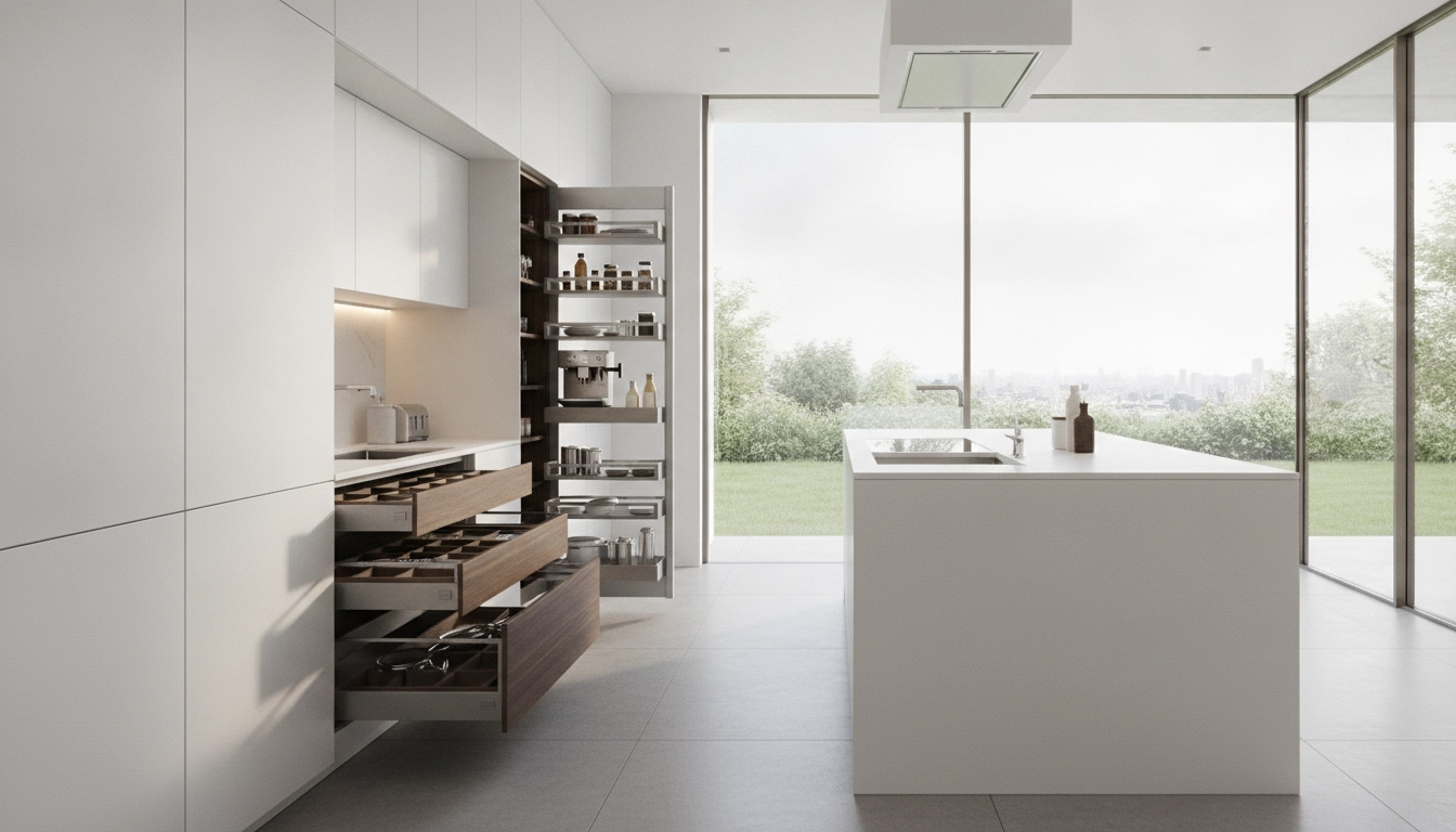 Installation moderne de meubles rangement cuisine intelligente pour une organisation optimale de l'espace.
