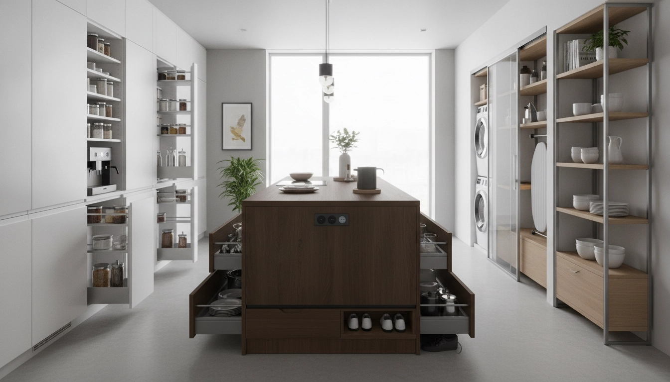 Cuisine moderne équipée de meubles rangement cuisine intelligente avec tiroirs coulissants ergonomiques.