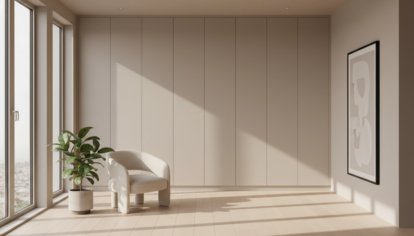 Un salon moderne sublimé par des meubles rangement intégrés et discrets aux façades beiges sans poignées.