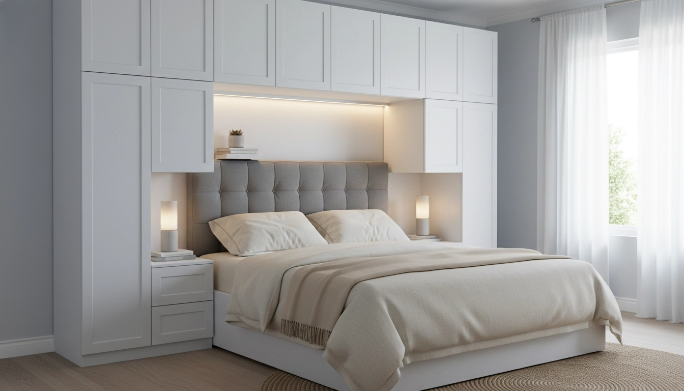 Aménagement d'une chambre apaisante avec un pont de lit invisible et des placards toute hauteur.