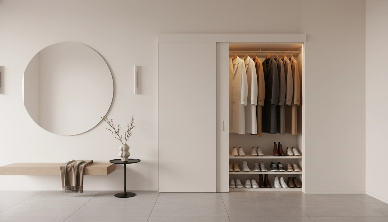 Une entrée d'appartement épurée et apaisante grâce à des placards invisibles fondus dans le mur.