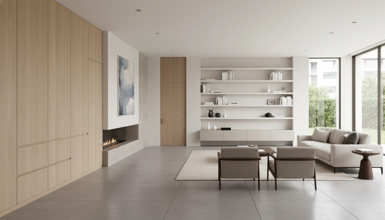 Un intérieur lumineux et minimaliste équipé de meubles rangement intégrés et discrets parfaitement fondus dans les murs blancs.