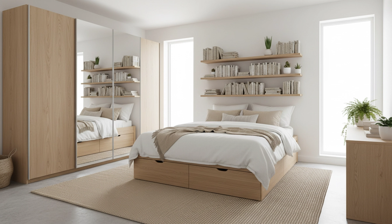 Chambre adulte sereine équipée de meubles rangement optimisé chambre adulte avec lit à tiroirs et armoire coulissante en bois clair