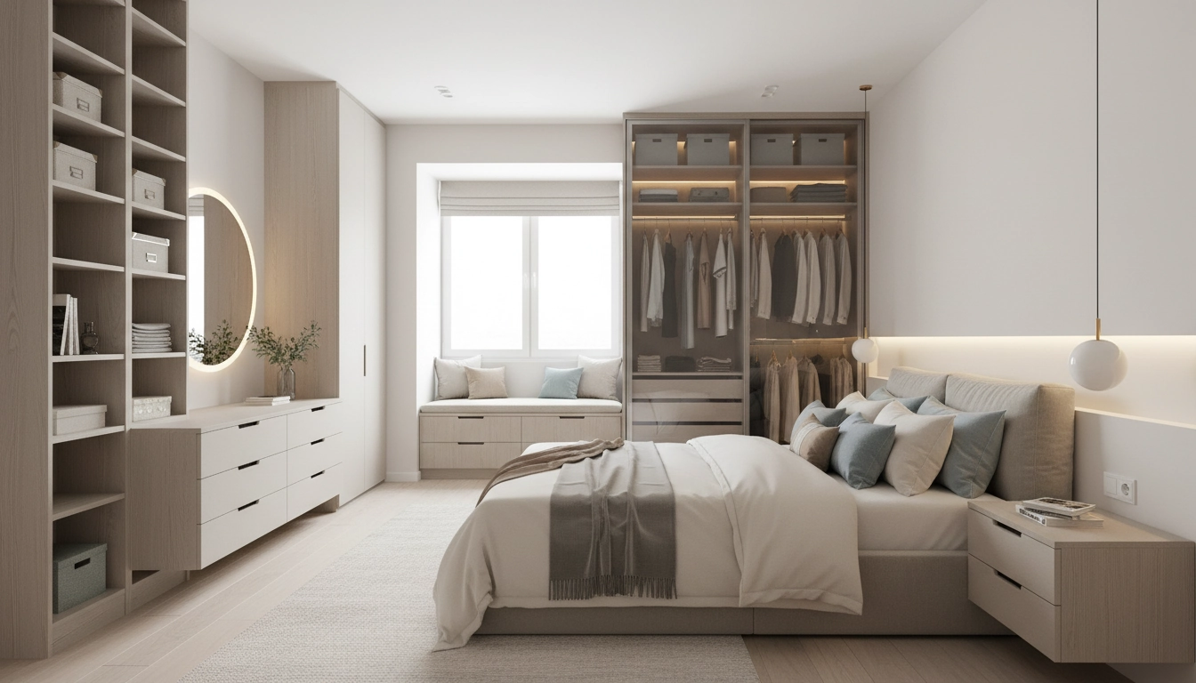 Chambre adulte moderne avec meubles rangement optimisé, lit avec tiroirs et armoire coulissante épurée