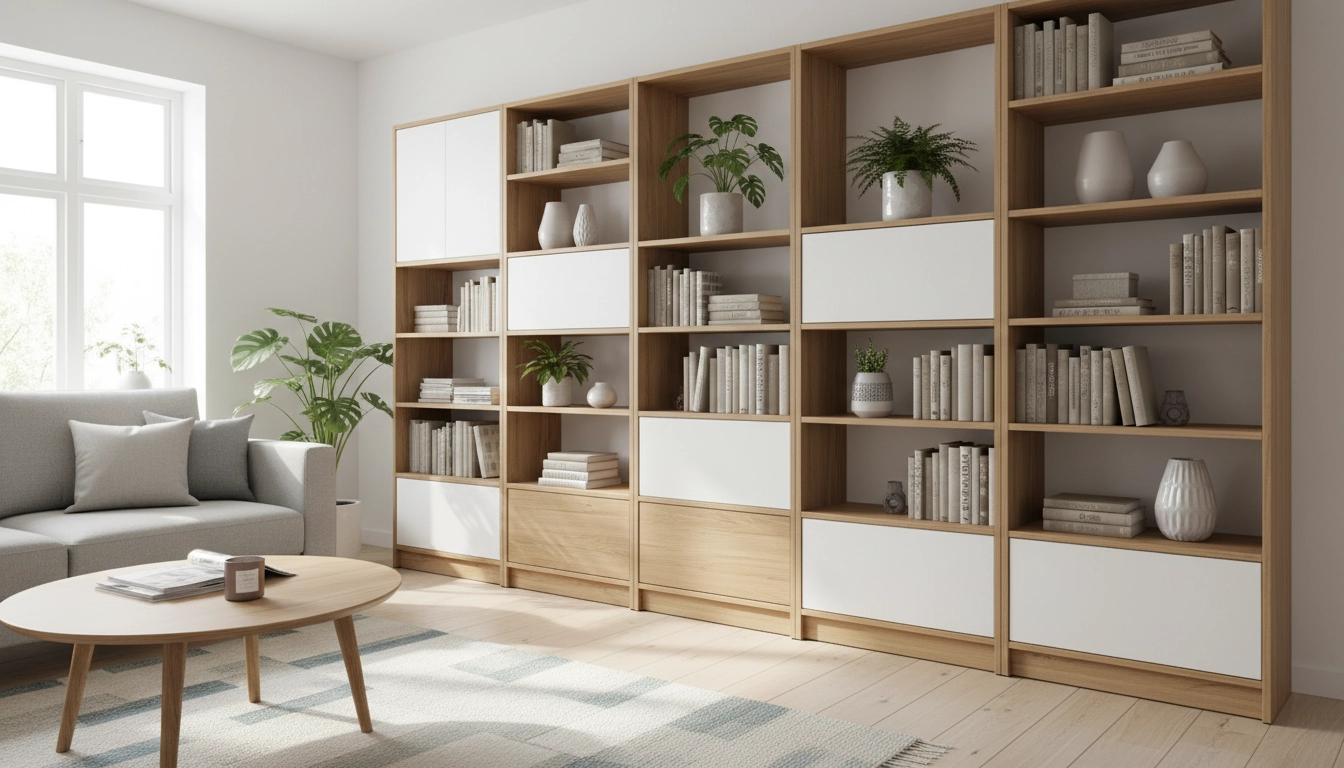 Salon avec meubles rangement optimisé modulables intégrés du sol au plafond