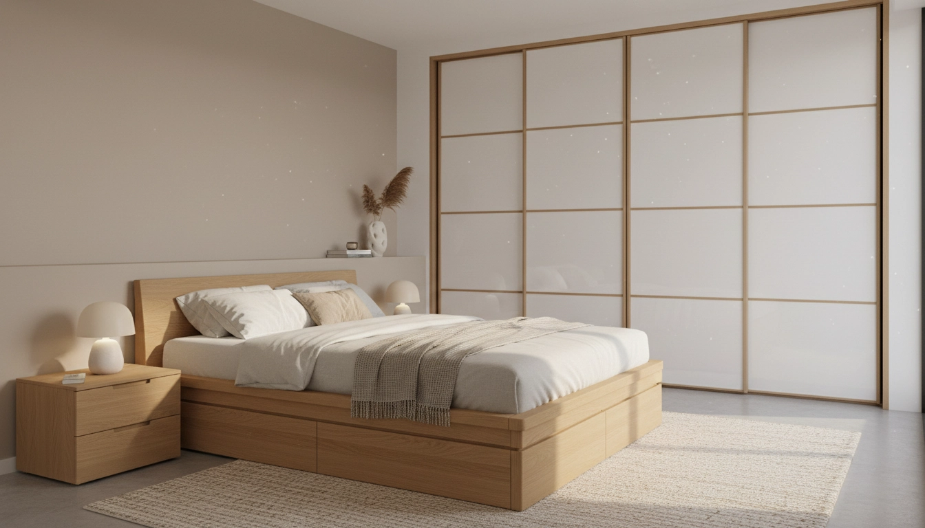 Chambre adulte sereine aménagée avec des meubles rangement optimisé discrets et élégants