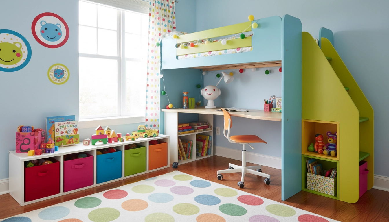 Chambre enfant ludique avec meubles rangement modulables colorés et lit mezzanine intégré
