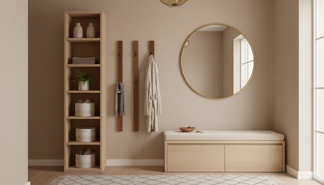 Petite entrée fonctionnelle et élégante aménagée avec des meubles de rangement optimisé