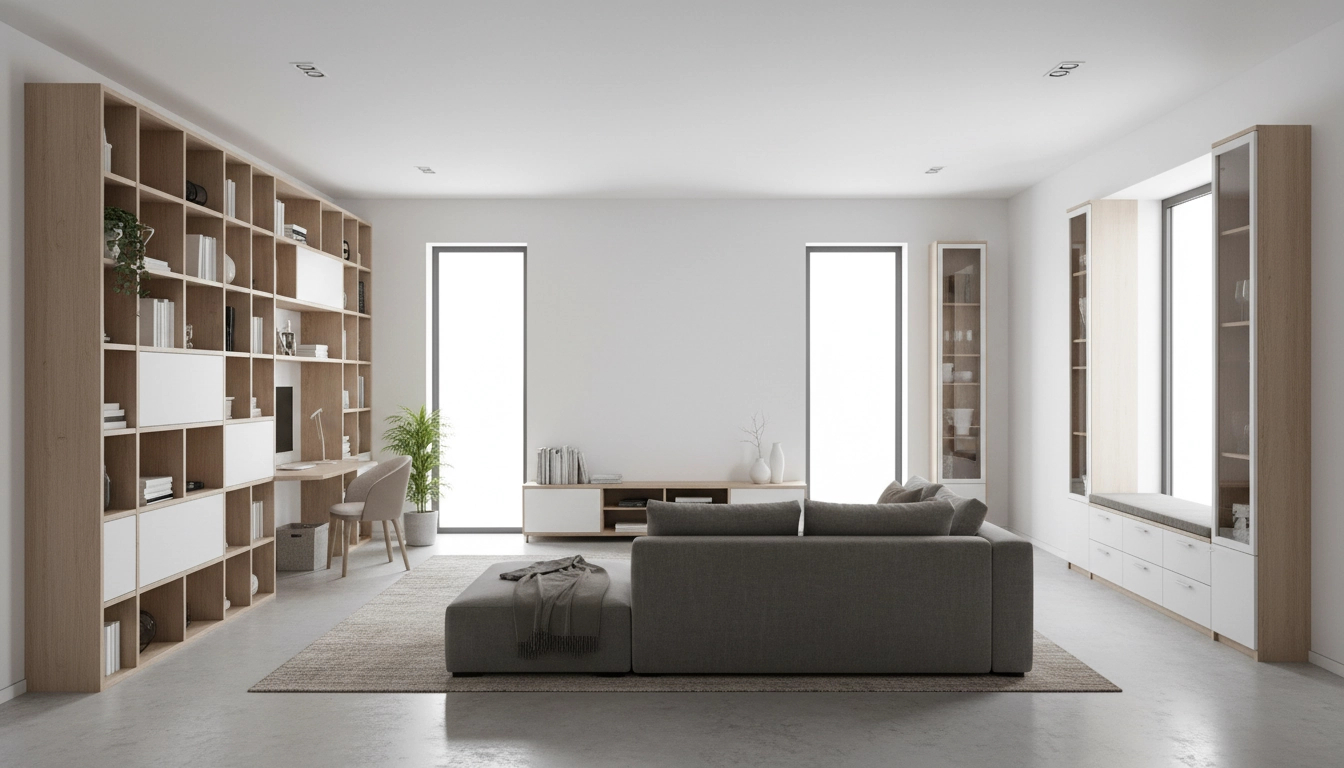 Salon moderne avec meubles rangement optimisé, bibliothèque intégrée et espace organisé