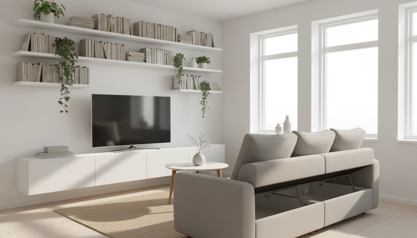 Salon de petit appartement avec meubles rangement optimisé flottants et étagères murales blanches
