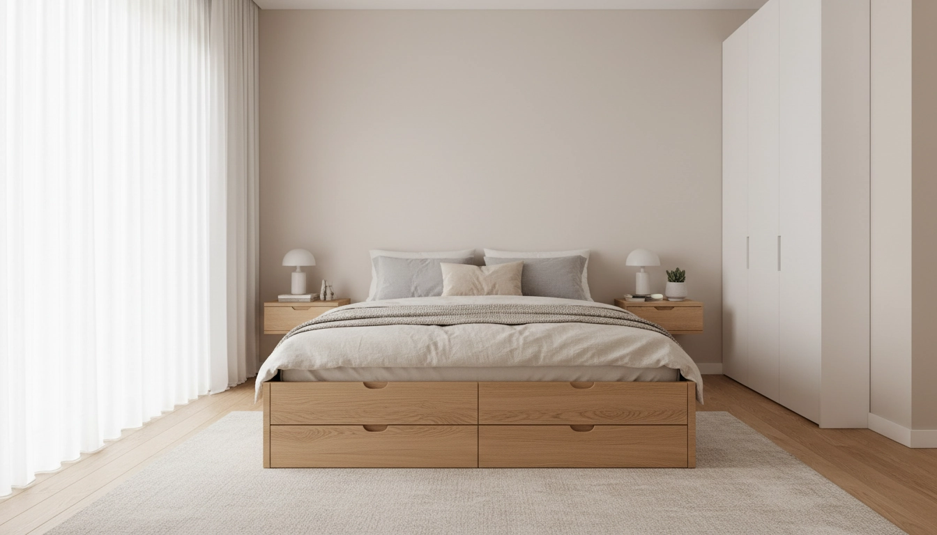 Chambre de petit appartement aménagée avec des meubles rangement optimisé petit appartement comme un lit à tiroirs et des chevets muraux