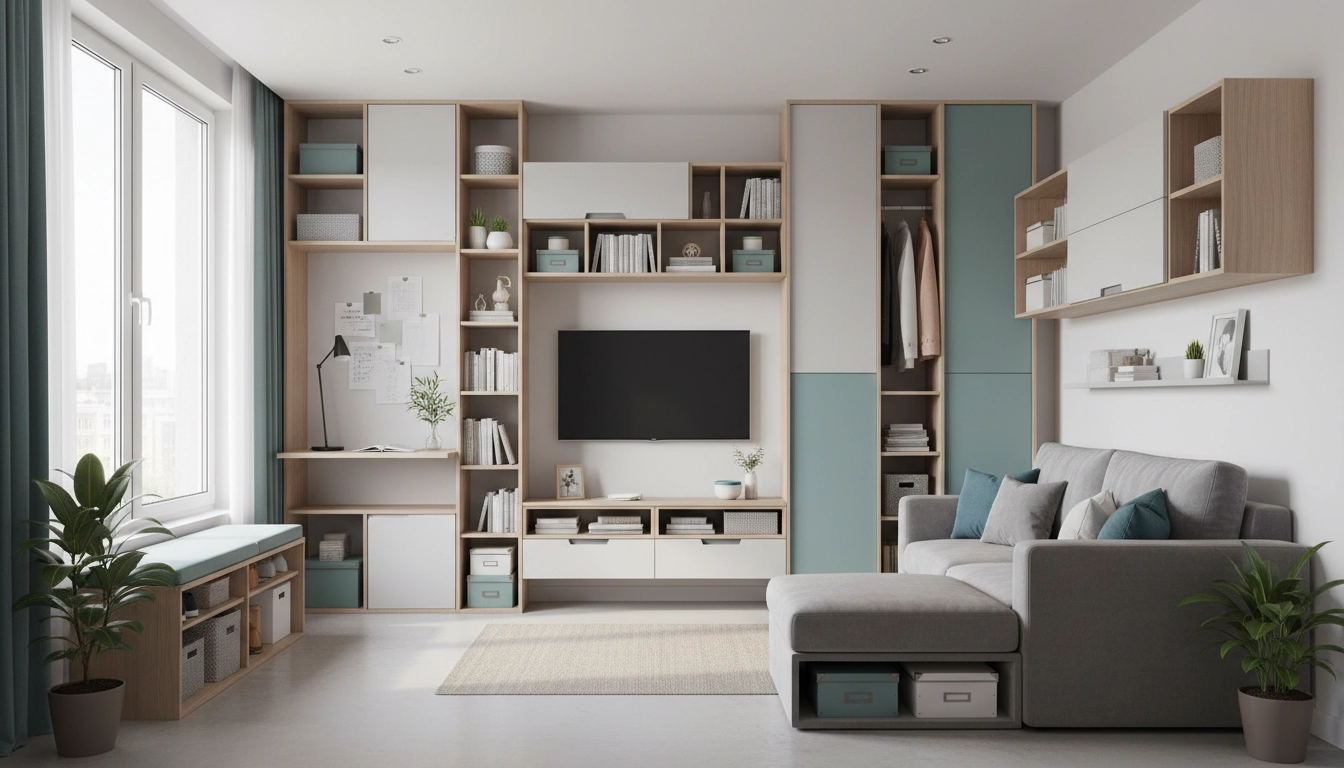 Petit appartement bien aménagé avec des meubles rangement optimisé clairs et multifonctions