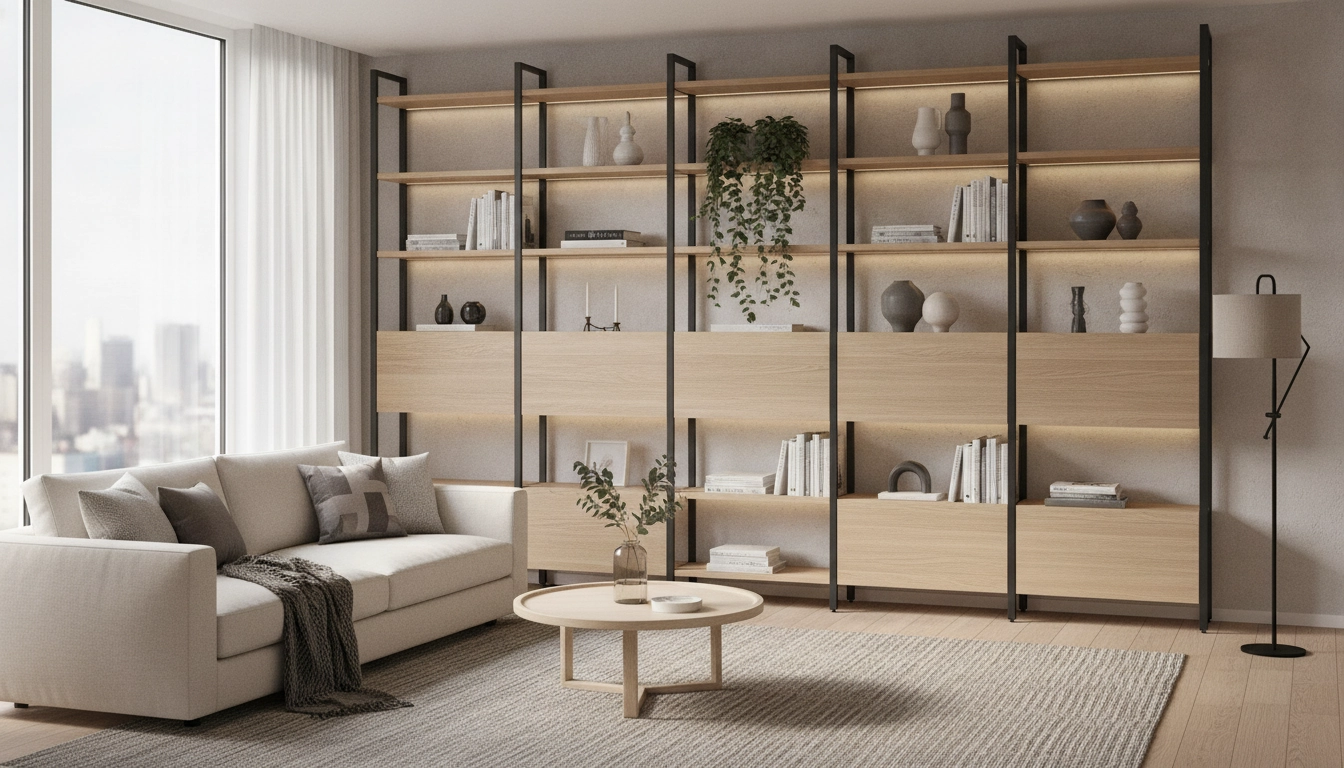 Un salon lumineux avec des meubles rangement salon modulable en bois et métal.