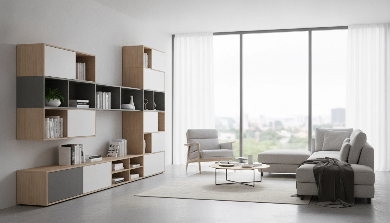 Aménagement intérieur moderne avec des meubles rangement salon modulable en bois clair.