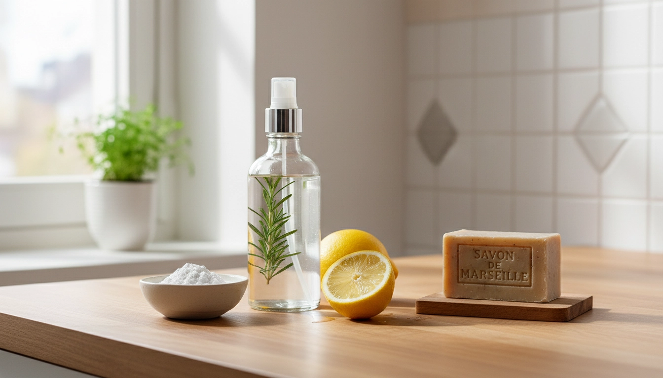 Kit de nettoyage écologique naturel avec vinaigre blanc, bicarbonate et savon de Marseille sur un plan de travail en bois