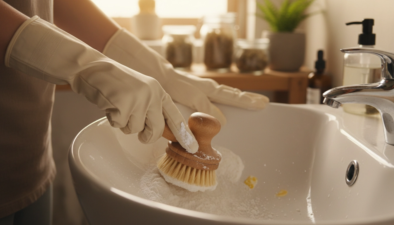 Nettoyage naturel d'un évier de salle de bain avec une brosse végétale et une pâte de bicarbonate maison