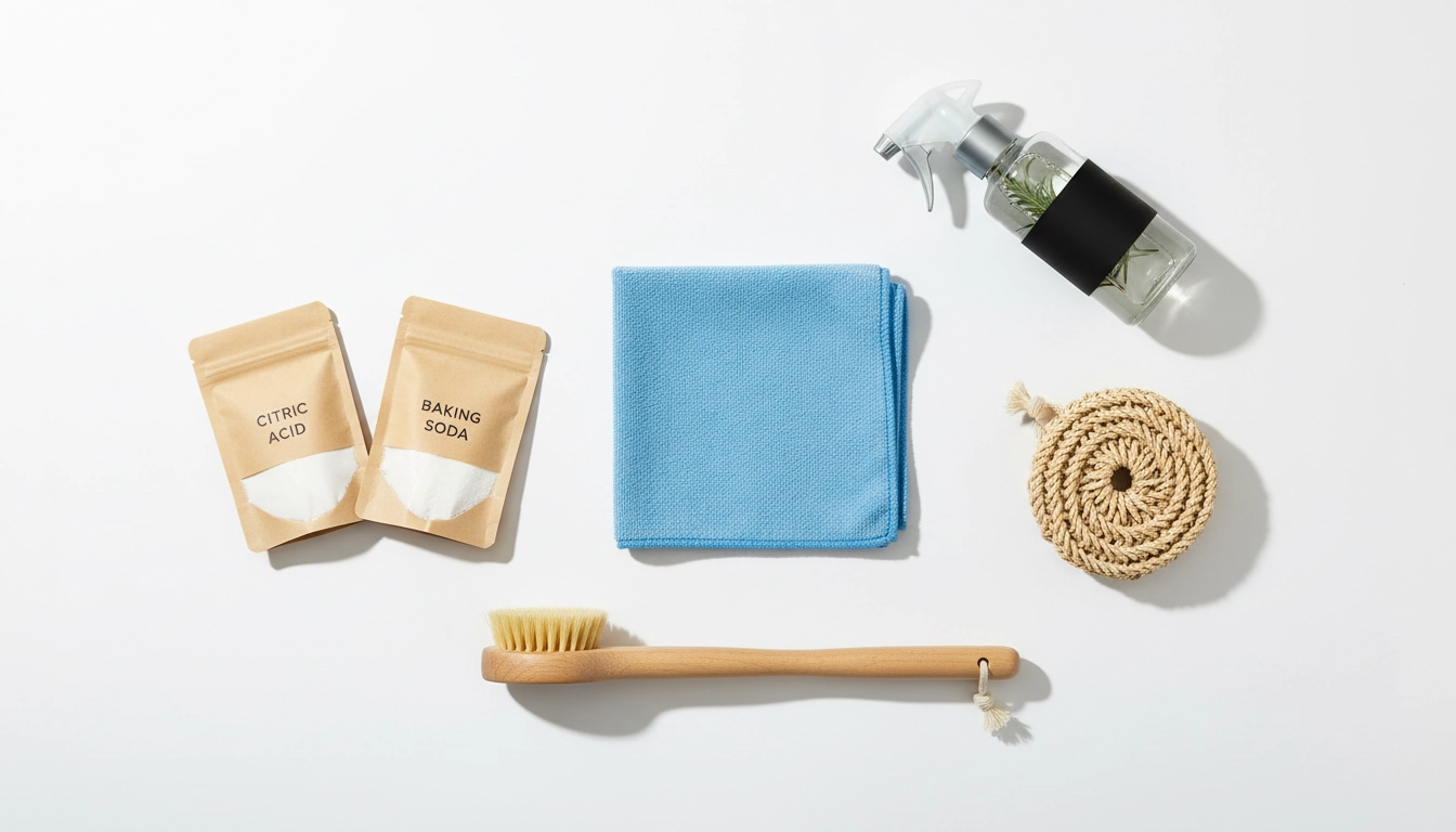 Outils de nettoyage zéro déchet réutilisables : chiffon microfibre, éponge tawashi et flacons en verre