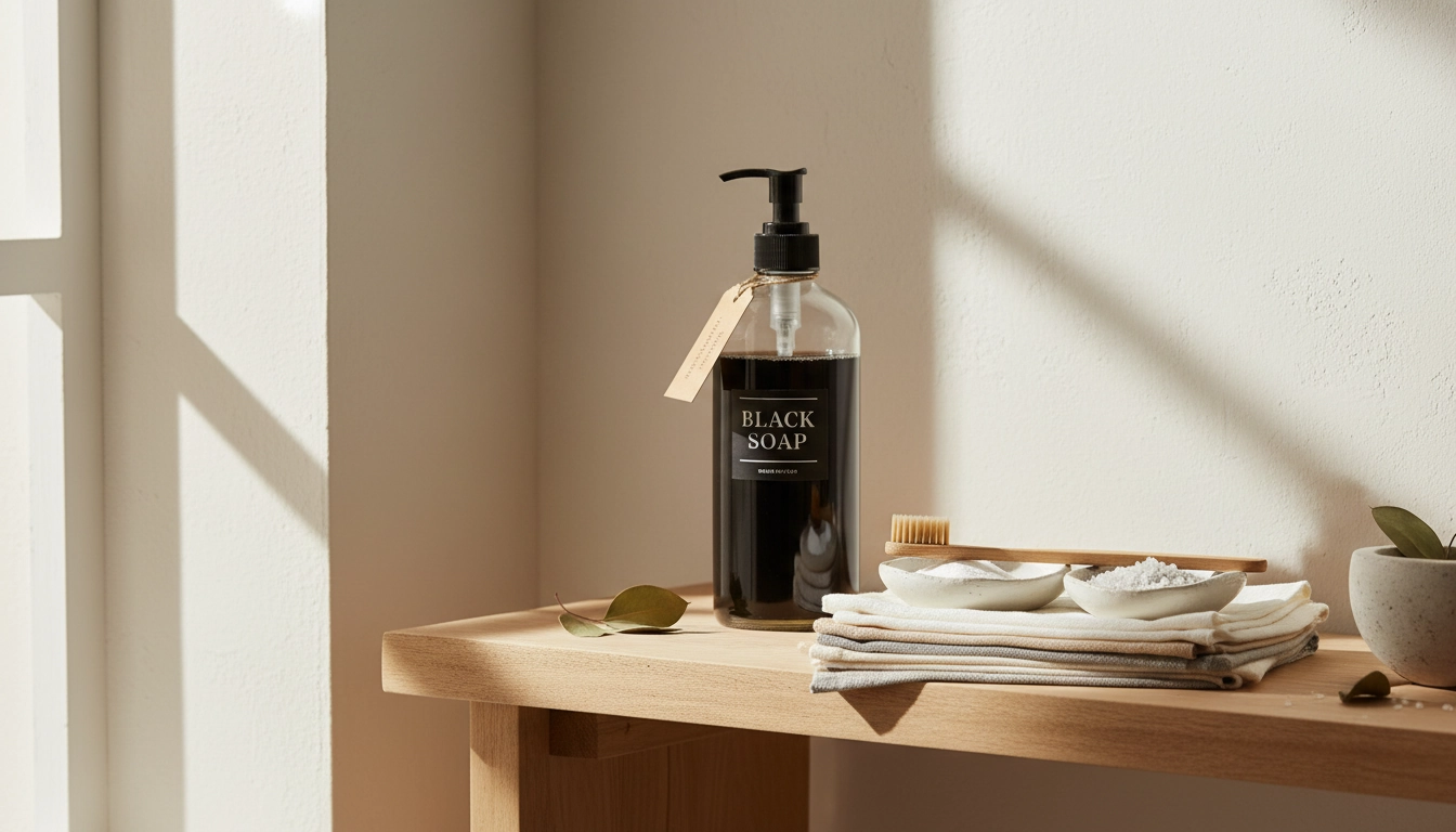 Étagère de salle de bain organisée avec des produits de nettoyage écologique zéro déchet en verre et bambou