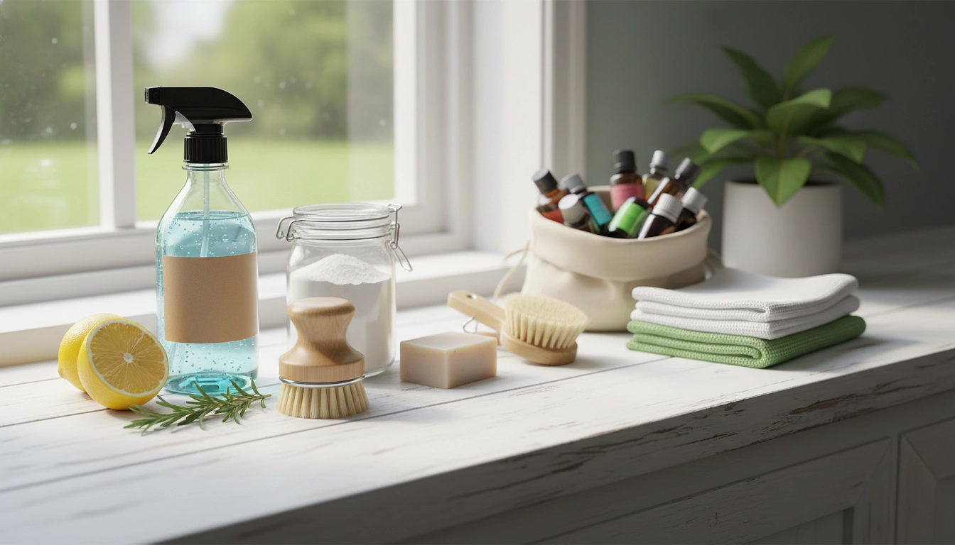 Matériel de base pour un nettoyage écologique comprenant du vinaigre, du bicarbonate et des brosses en bois