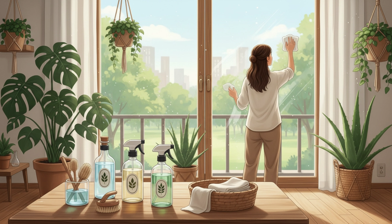 Produits de nettoyage écologique naturels disposés sur une surface en bois avec du vinaigre blanc, bicarbonate et savon de Marseille