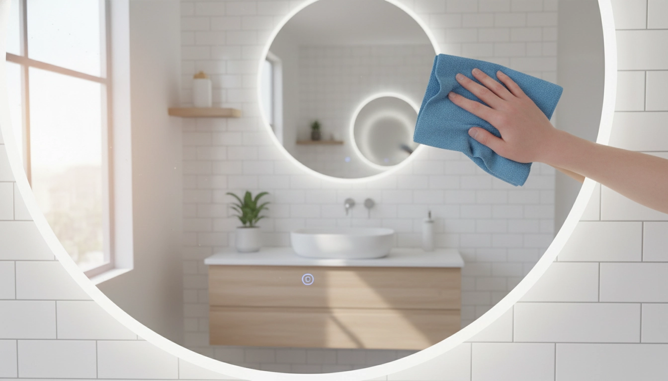 Une personne effectuant un nettoyage express miroir salle bain sans traces avec un chiffon en microfibre bleu.